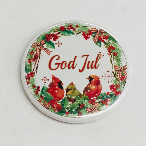 God Jul Christmas cardinals round button/magnet