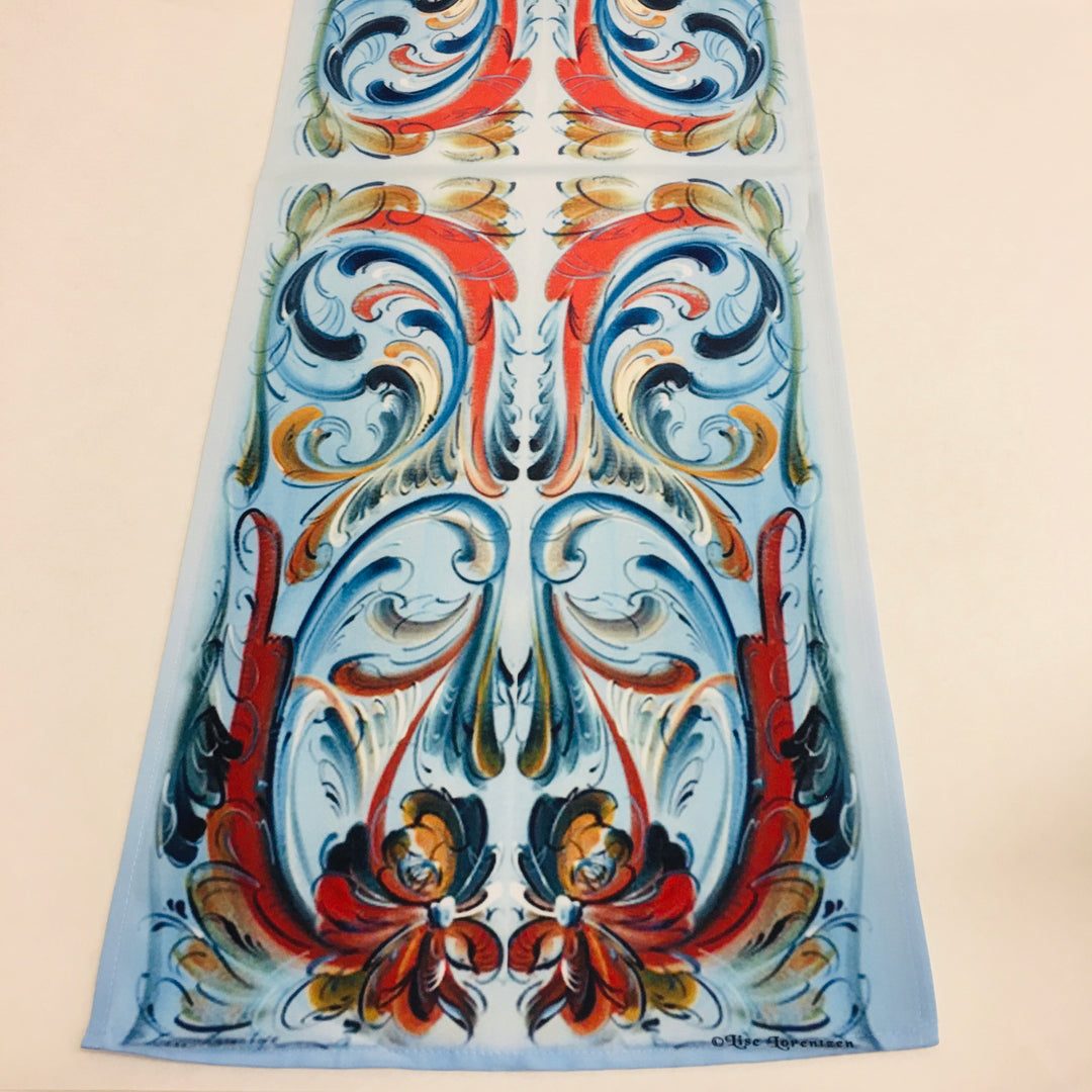 Lise Lorentzen Rosemaling on Light Blue Table Runner