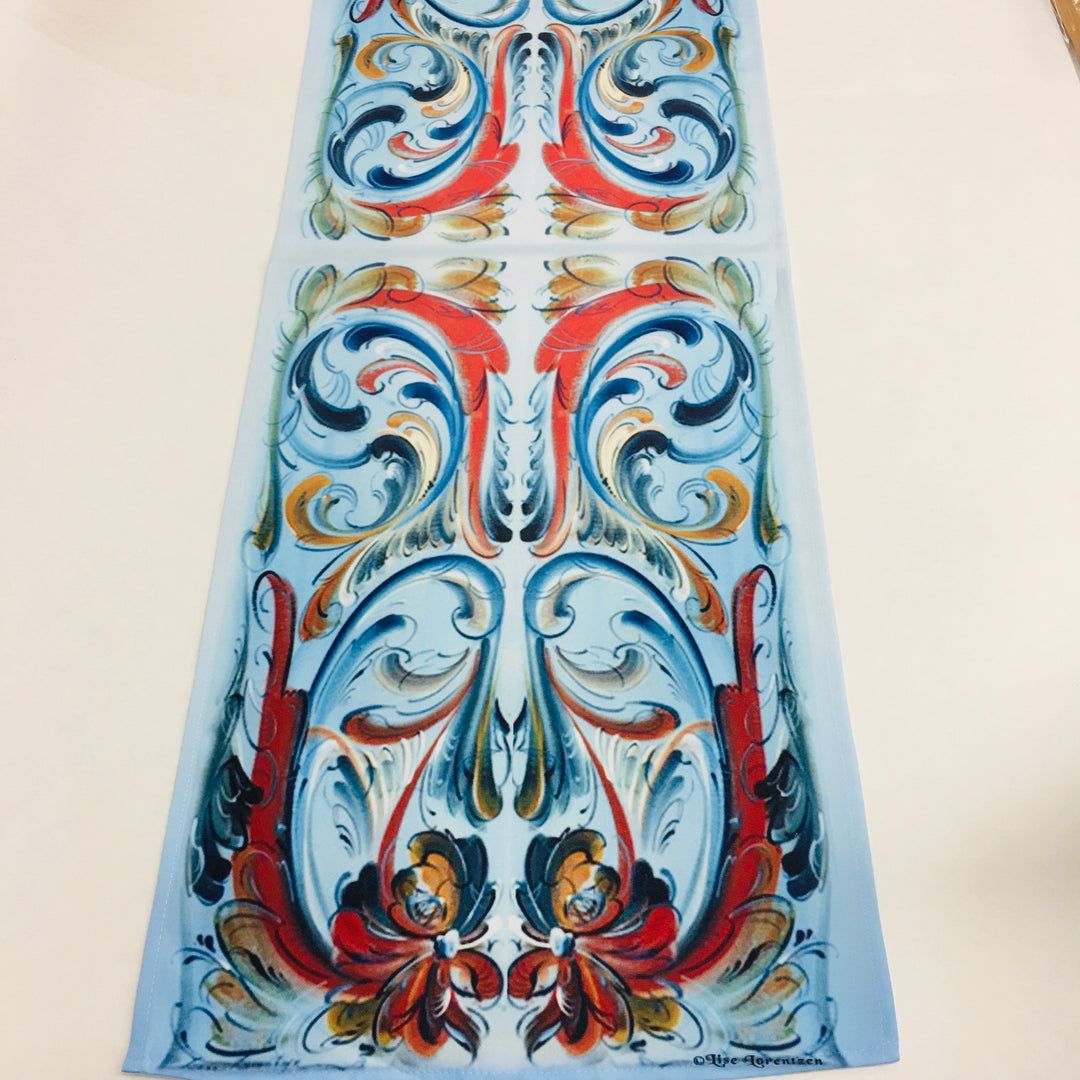 Lise Lorentzen Rosemaling on Light Blue Table Runner