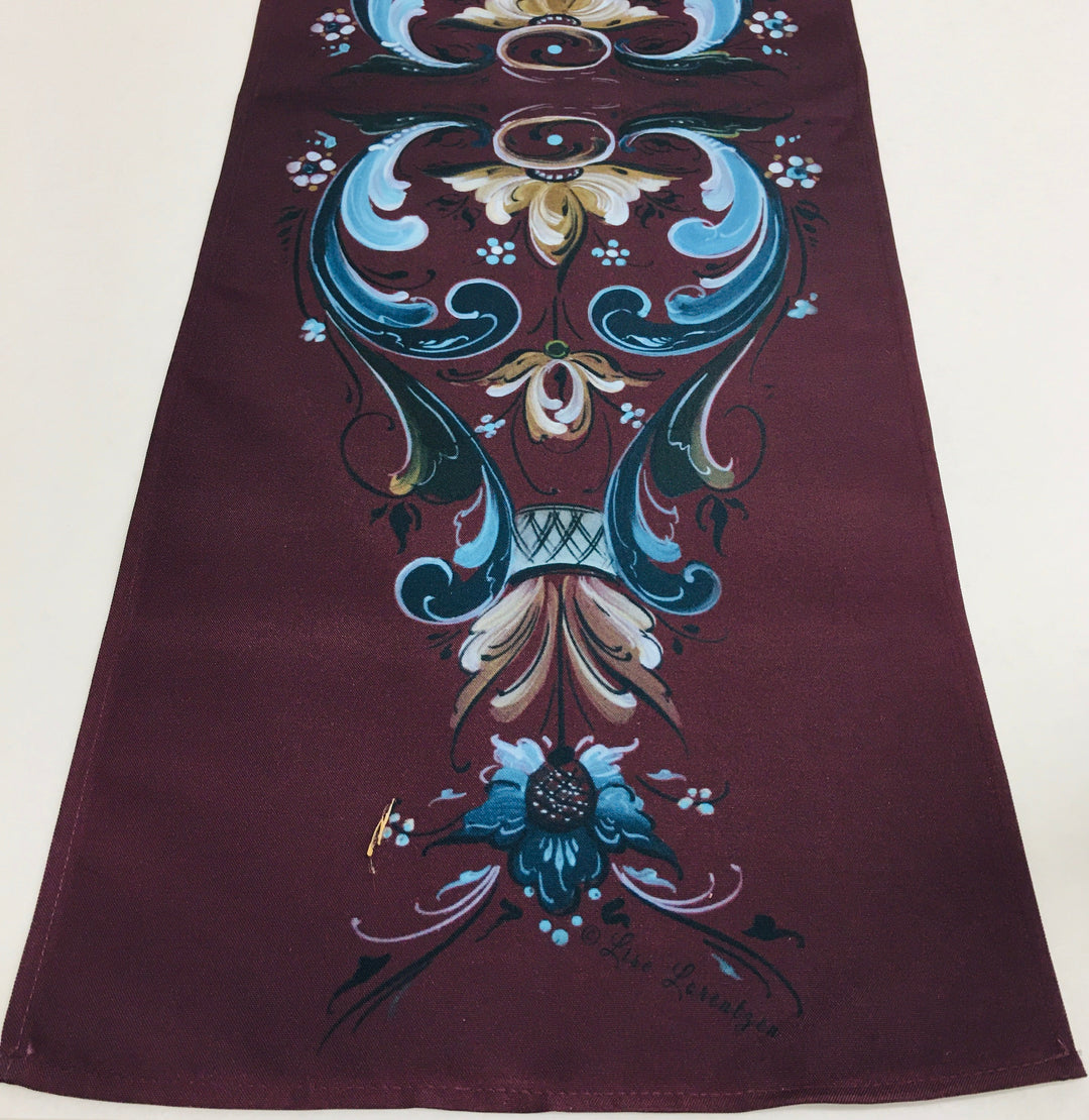 Lise Lorentzen Rosemaling on Dark Plum Table Runner