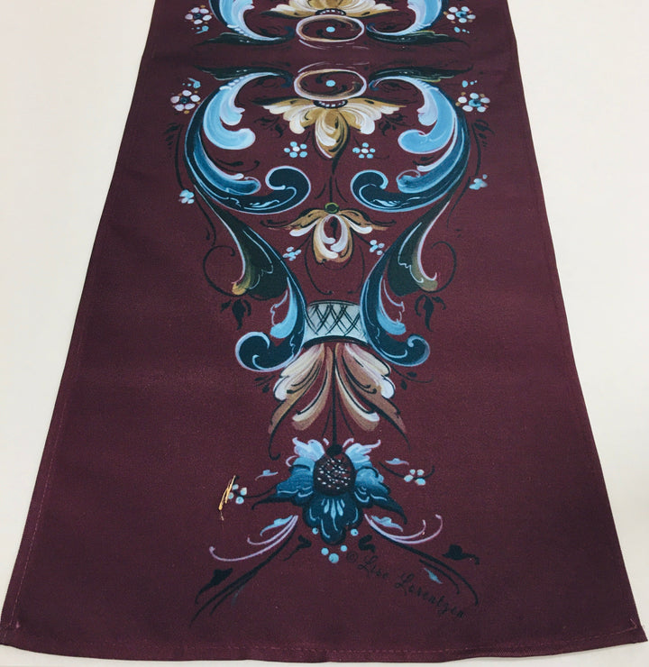 Lise Lorentzen Rosemaling on Dark Plum Table Runner