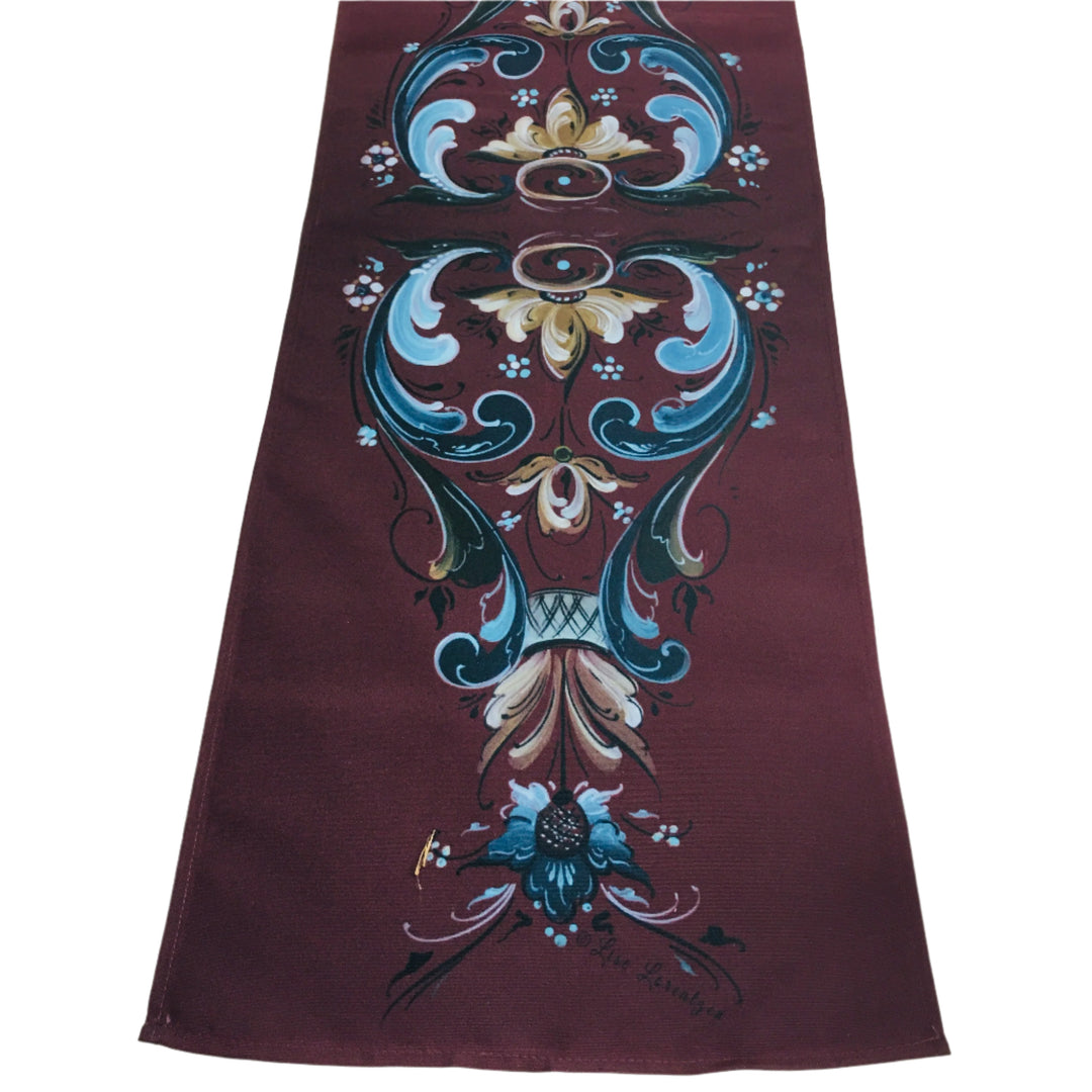 Lise Lorentzen Rosemaling on Dark Plum Table Runner