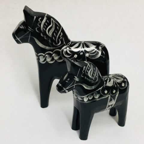 Traditional Black/Silver wooden Dala horse