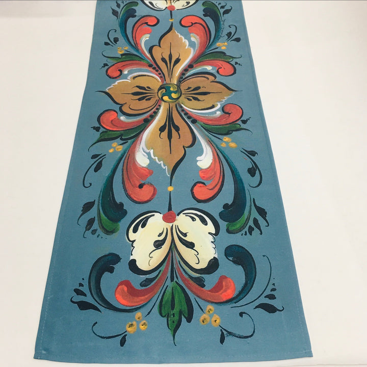 Lise Lorentzen Rosemaling on Blue Table Runner