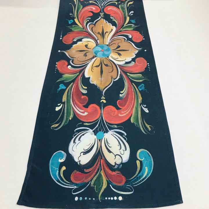 Lise Lorentzen Rosemaling on Black Table Runner