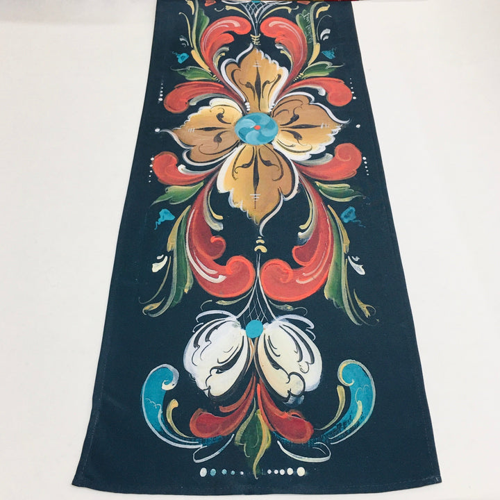 Lise Lorentzen Rosemaling on Black Table Runner