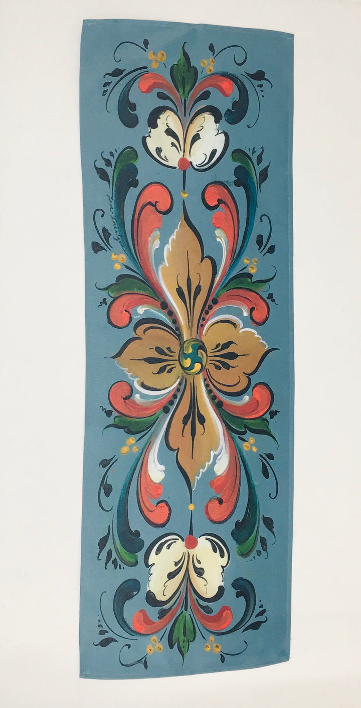 Lise Lorentzen Rosemaling on Blue Table Runner