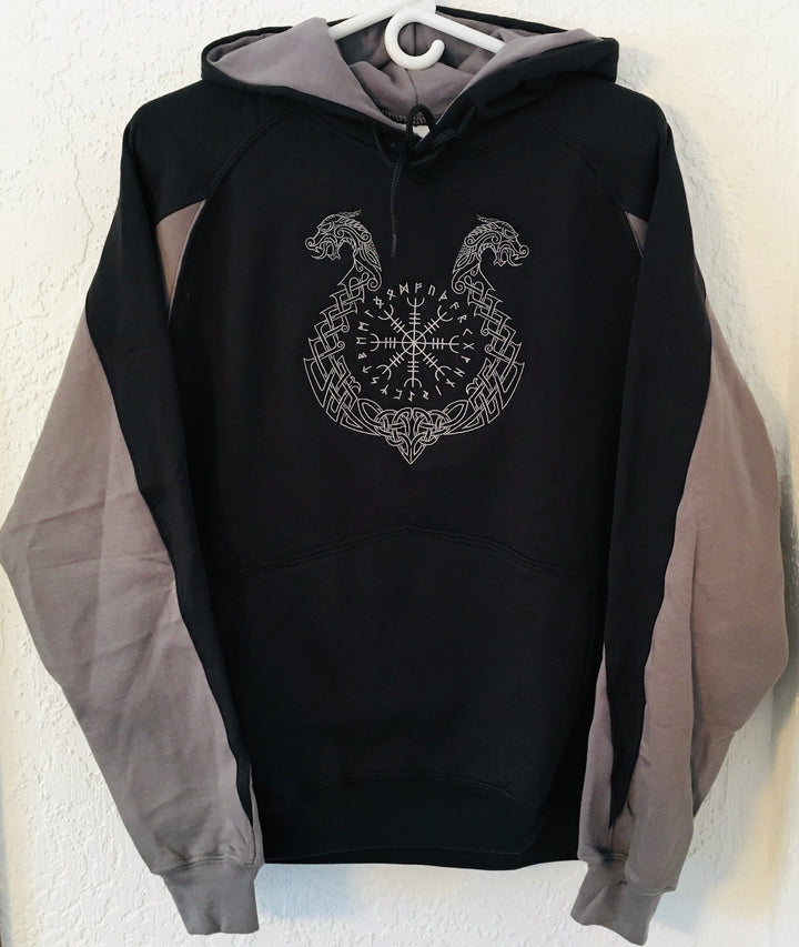 Viking Ship with Compass & Runes on Black & Grey Hoodie Size Medium
