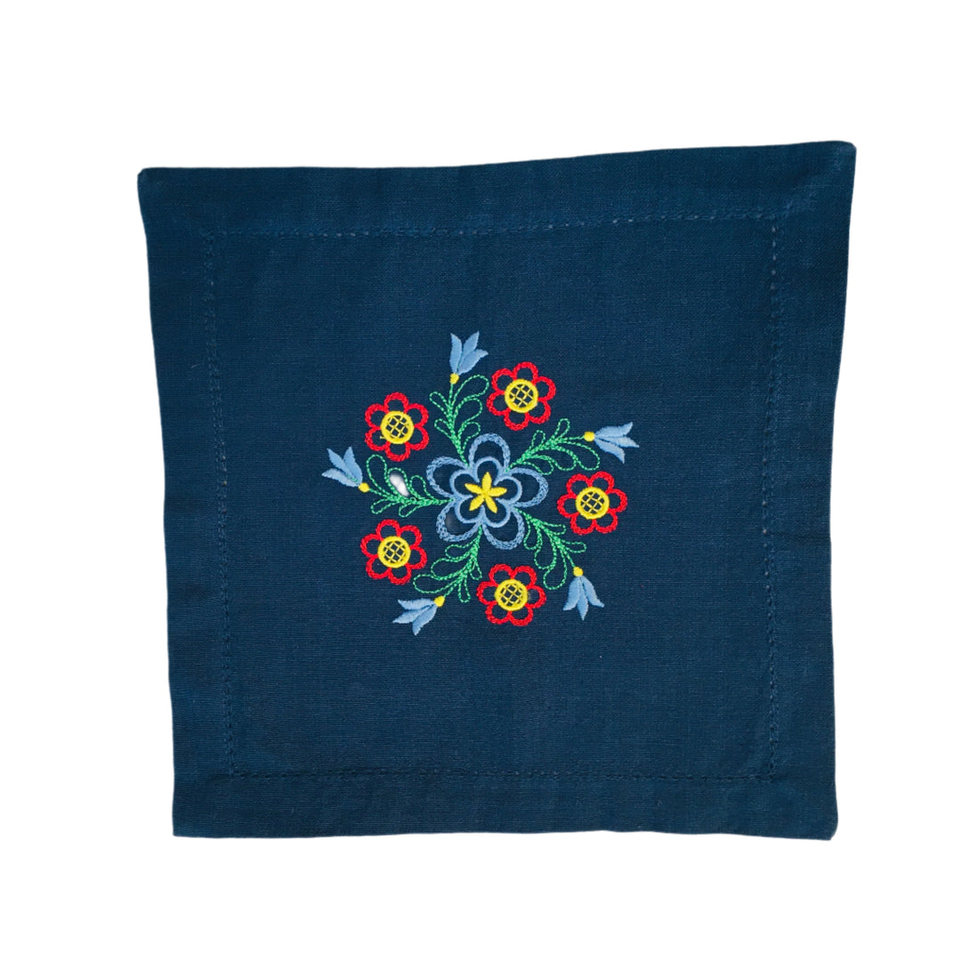 Small Square Embroidered Flower on Blue