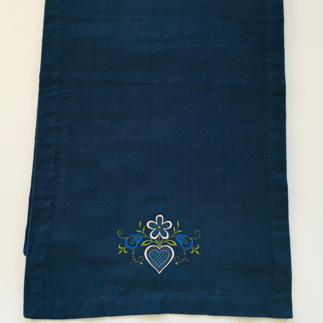 White Folk Art Heart Embroidered on Blue 36" Runner