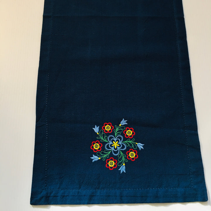 Flower Embroidered on Blue 36" Runner