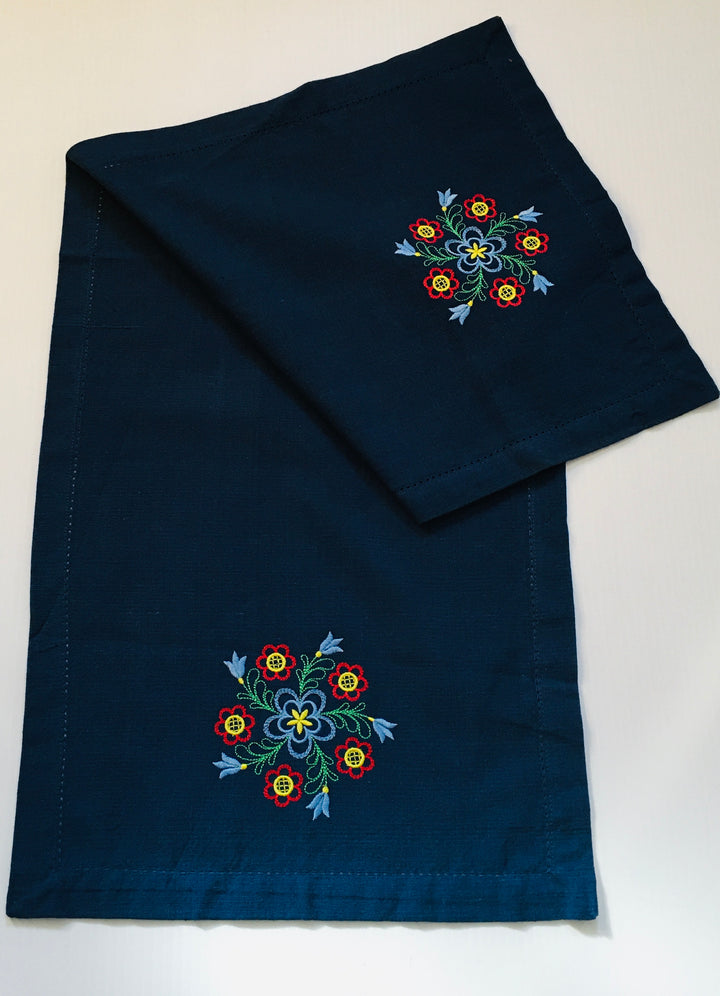 Flower Embroidered on Blue 36" Runner