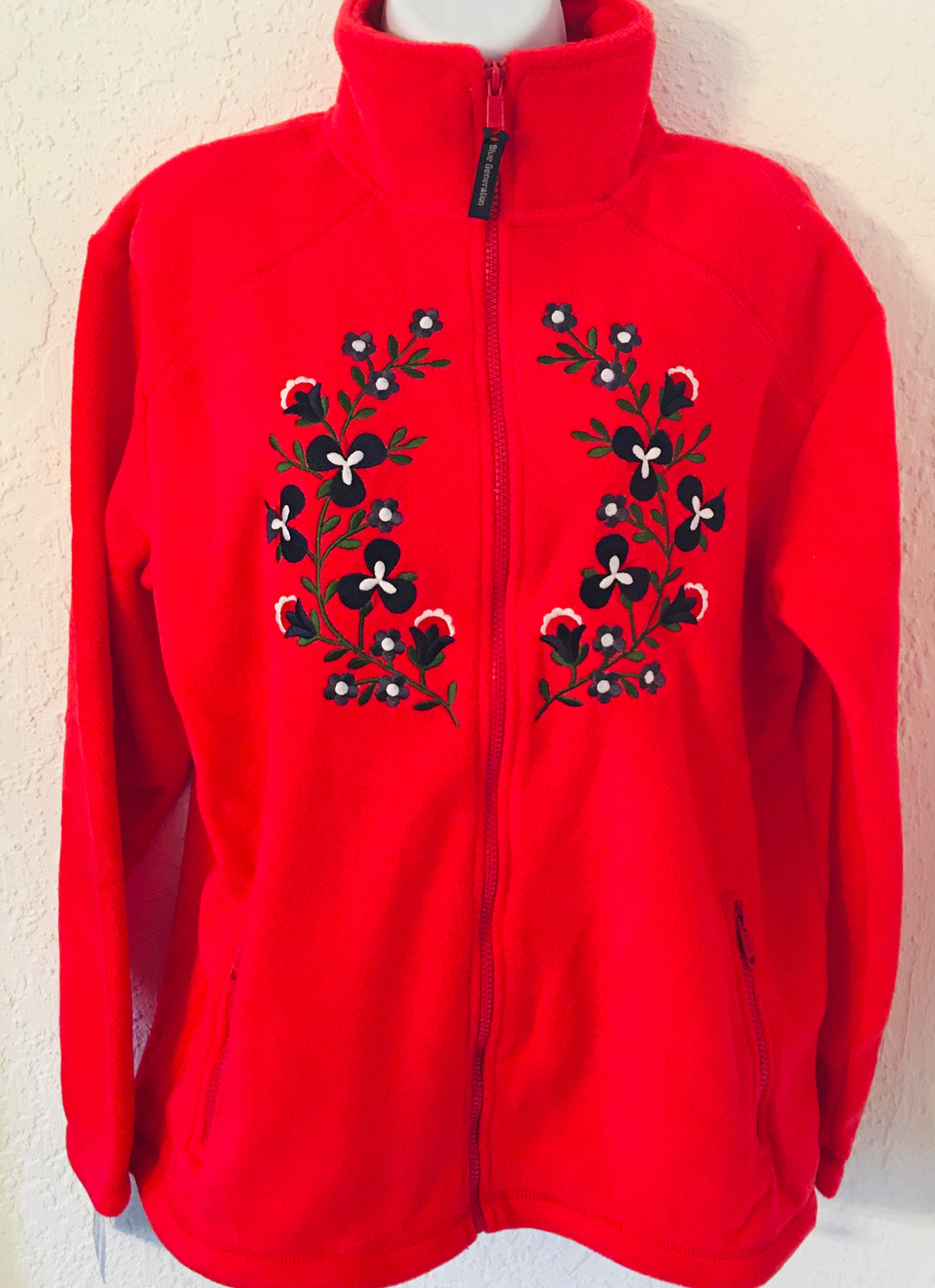 Red Fleece Jacket with Embroidered Flowers