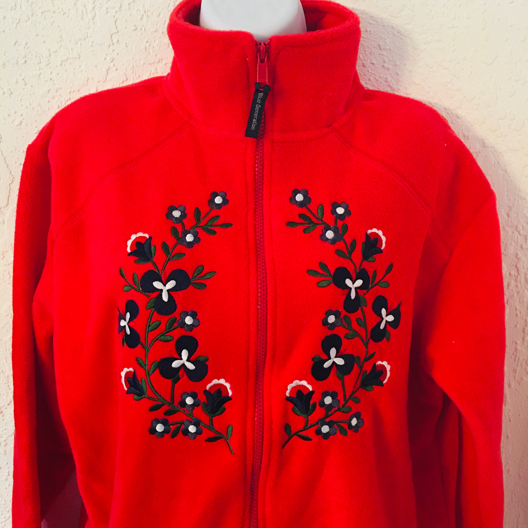 Red Fleece Jacket with Embroidered Flowers