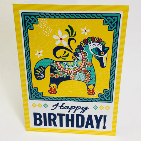 Swedish Happy Birthday Card - Art Deco Dala horse