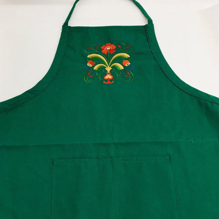 SALE Apron - Embroidered Folk Art Flowers on Green