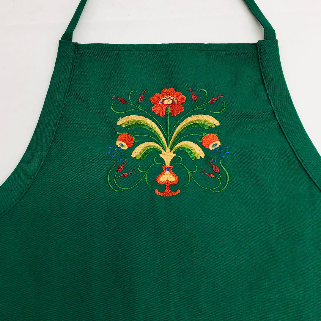 SALE Apron - Embroidered Folk Art Flowers on Green