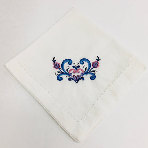 Large Square Napkin Embroidered Rosemaling Heart
