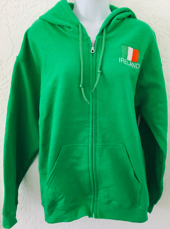 Ireland Flag on Kelly Green Full Zip Hoodie