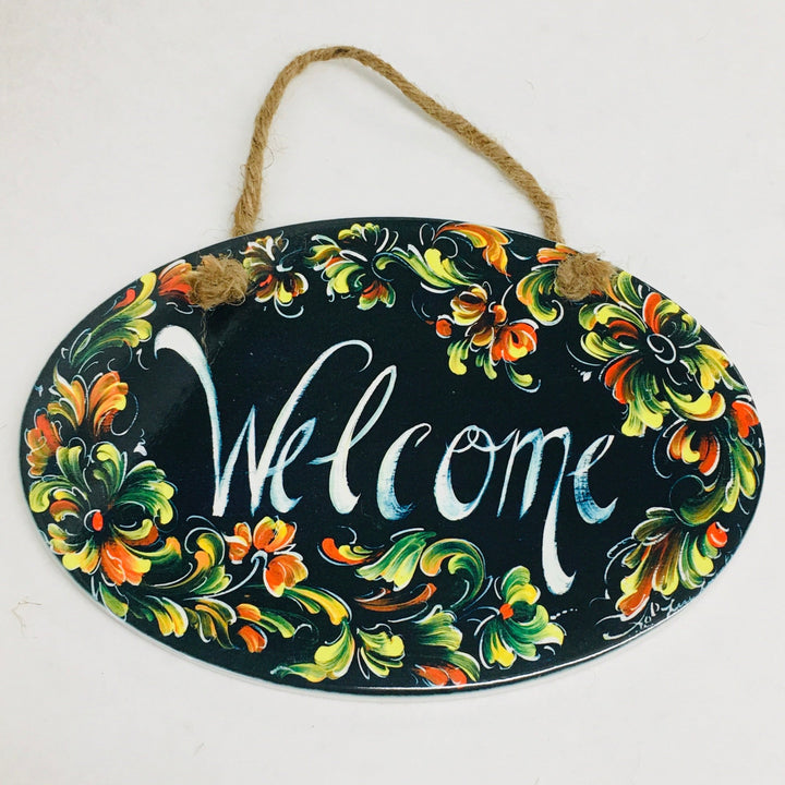 Oval Ceramic Welcome Sign - Lise Lorentzen Rosemaling