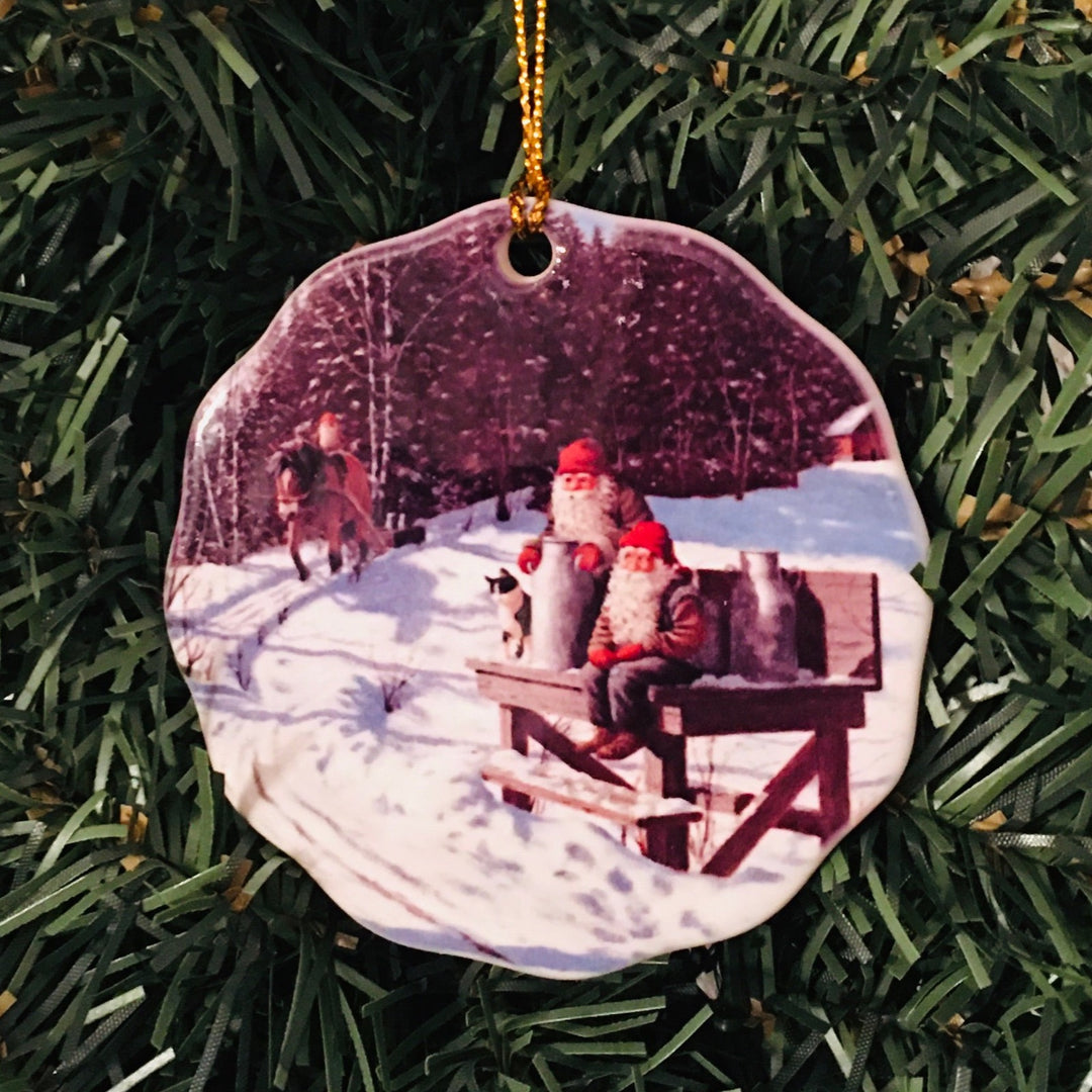 Ceramic Ornament, Jan Bergerlind Tomtar with Cat & Milk can