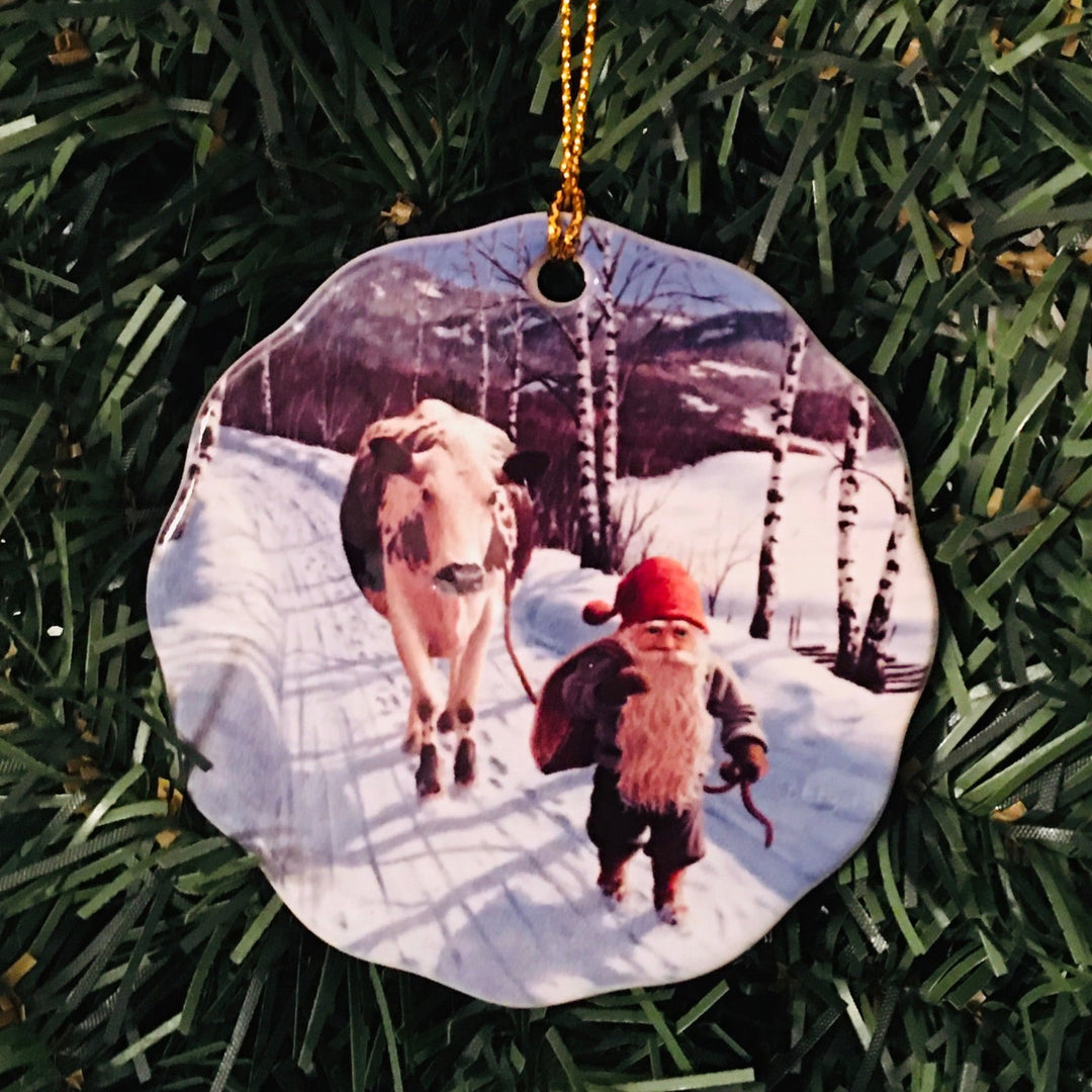 Ceramic Ornament, Jan Bergerlind Tomte with Cow