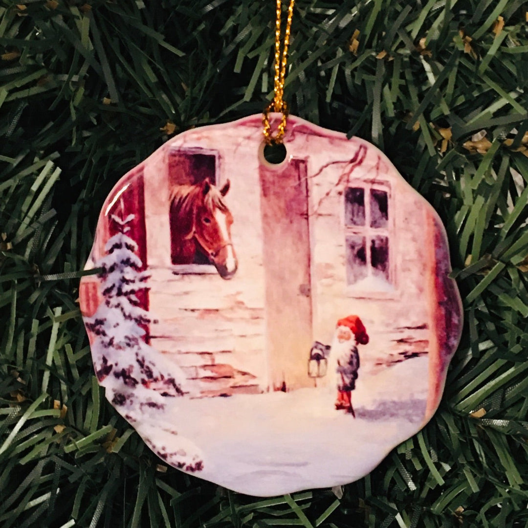 Ceramic Ornament, Jan Bergerlind Tomte with Horse in stall