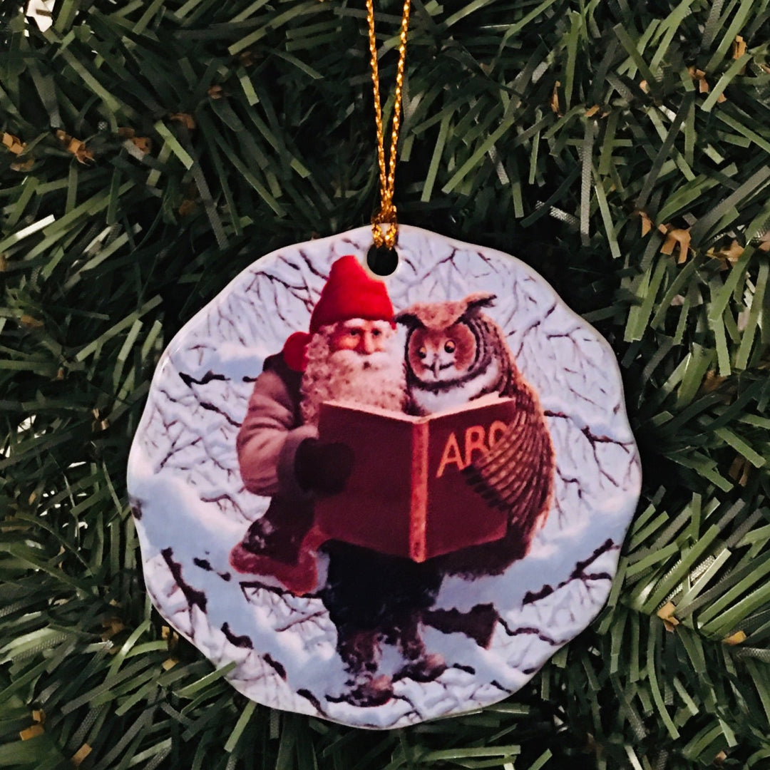 Ceramic Ornament, Jan Bergerlind Tomte with owl