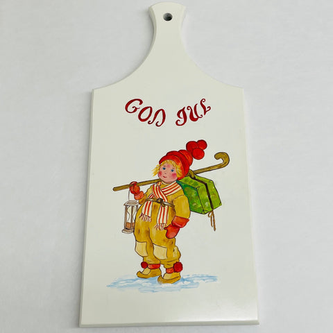 Wooden Cutting Board - God Jul boy with suitcase, cane & lantern