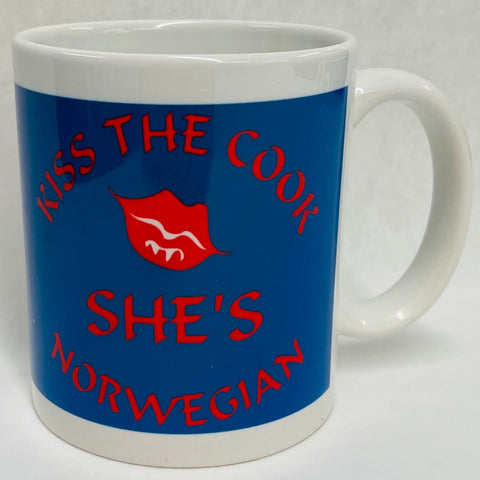 Kiss the Cook She's Norwegian coffee mug