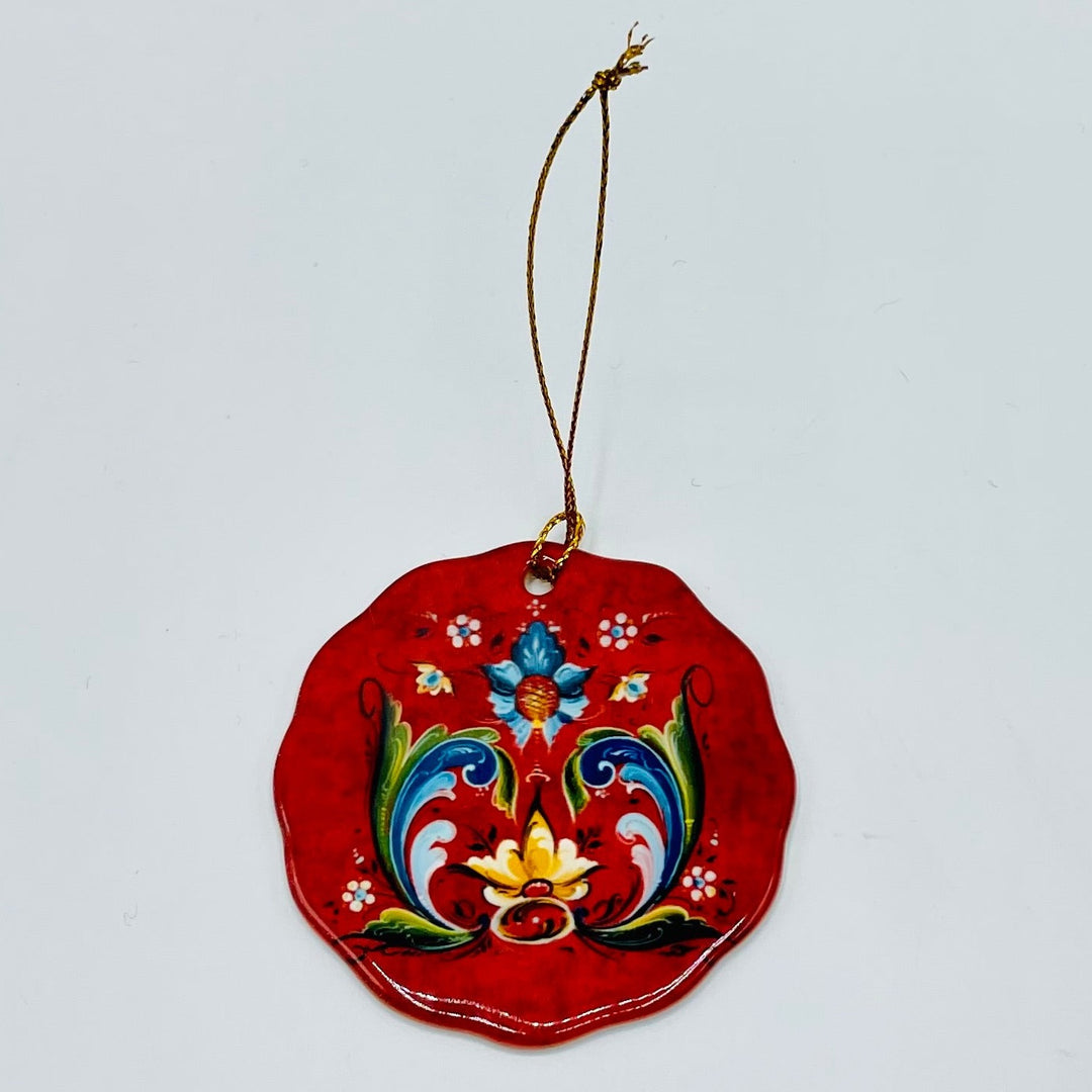 Ceramic ornament, Lise Lorentzen red rosemaling