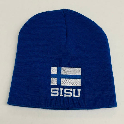 Knit  beanie hat - Finland flag with Sisu