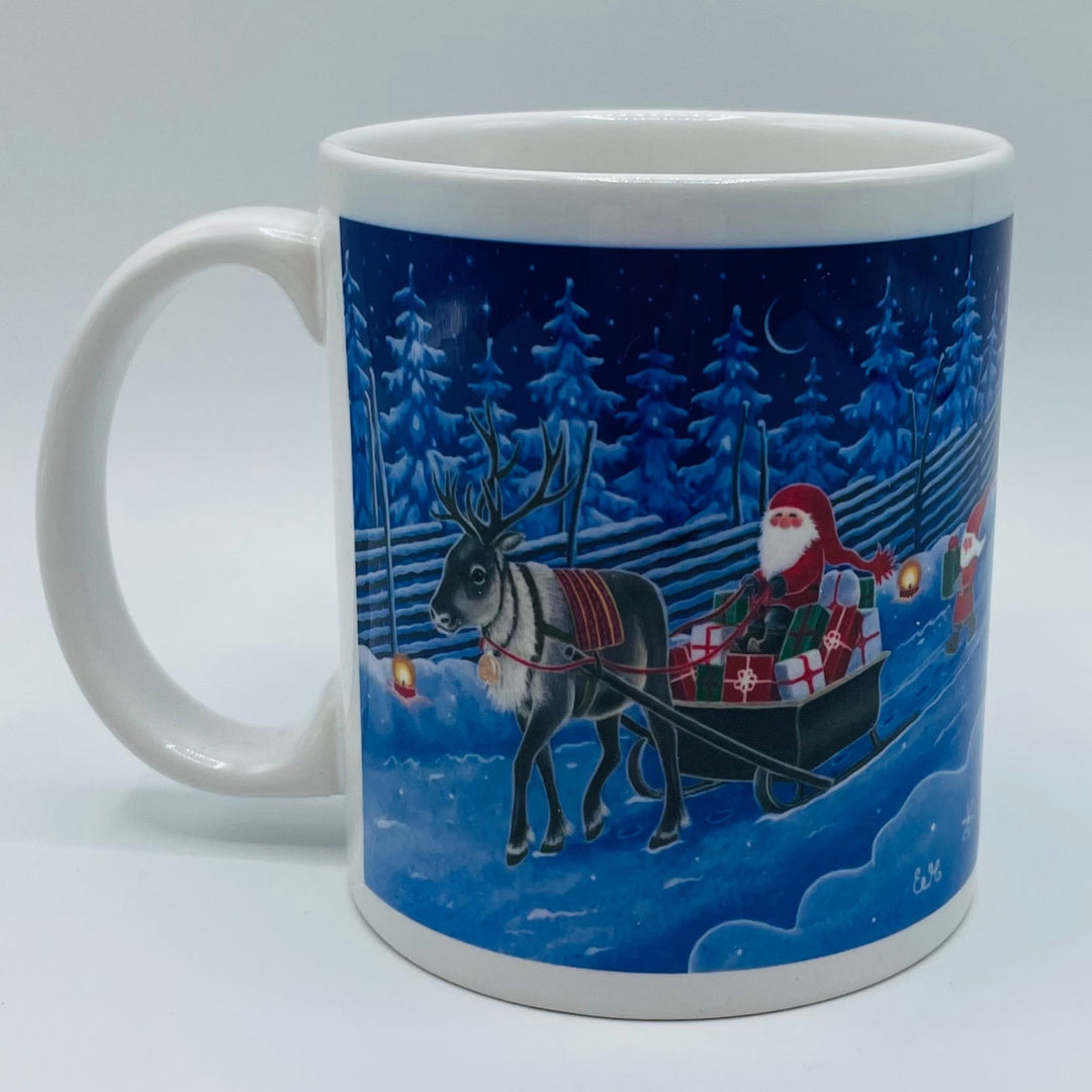 Eva Melhuish Tomte & reindeer delivering gifts coffee mug