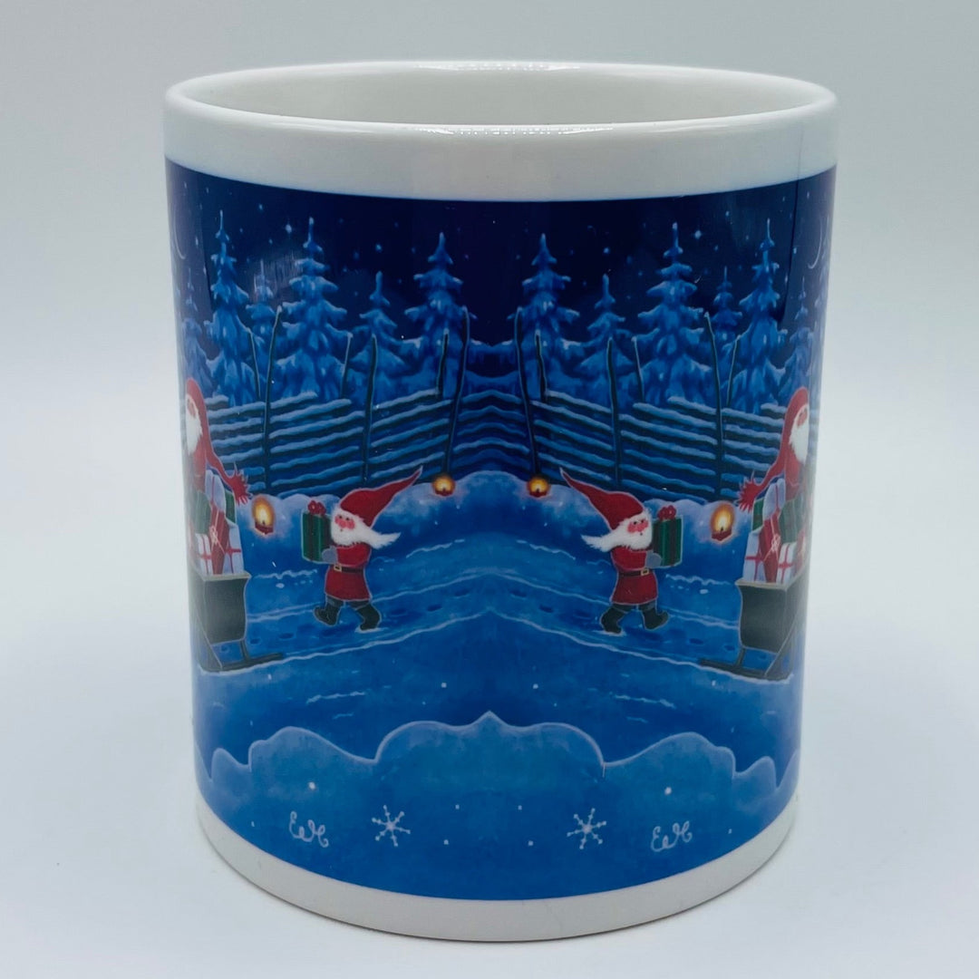 Eva Melhuish Tomte & reindeer delivering gifts coffee mug