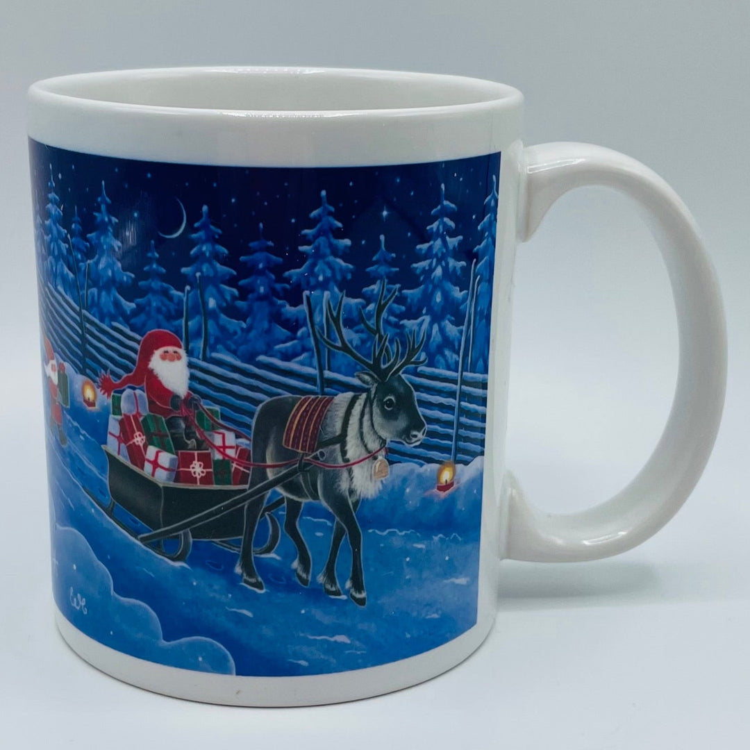 Eva Melhuish Tomte & reindeer delivering gifts coffee mug