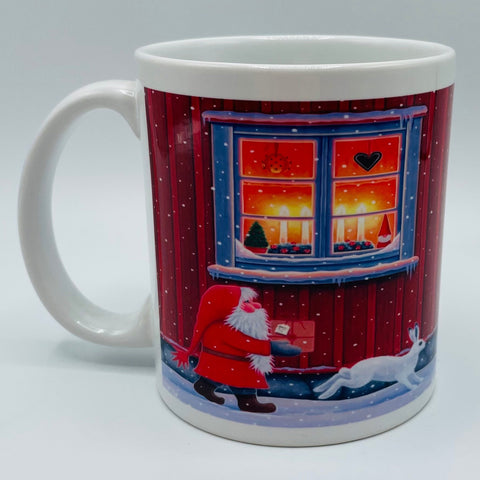 Eva Melhuish Red house with tomte & bunny coffee mug