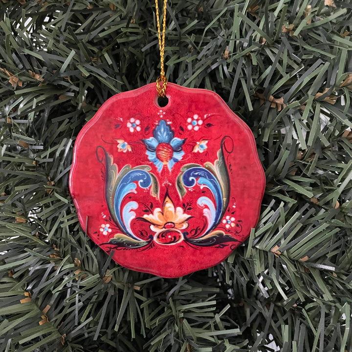 Ceramic ornament, Lise Lorentzen red rosemaling