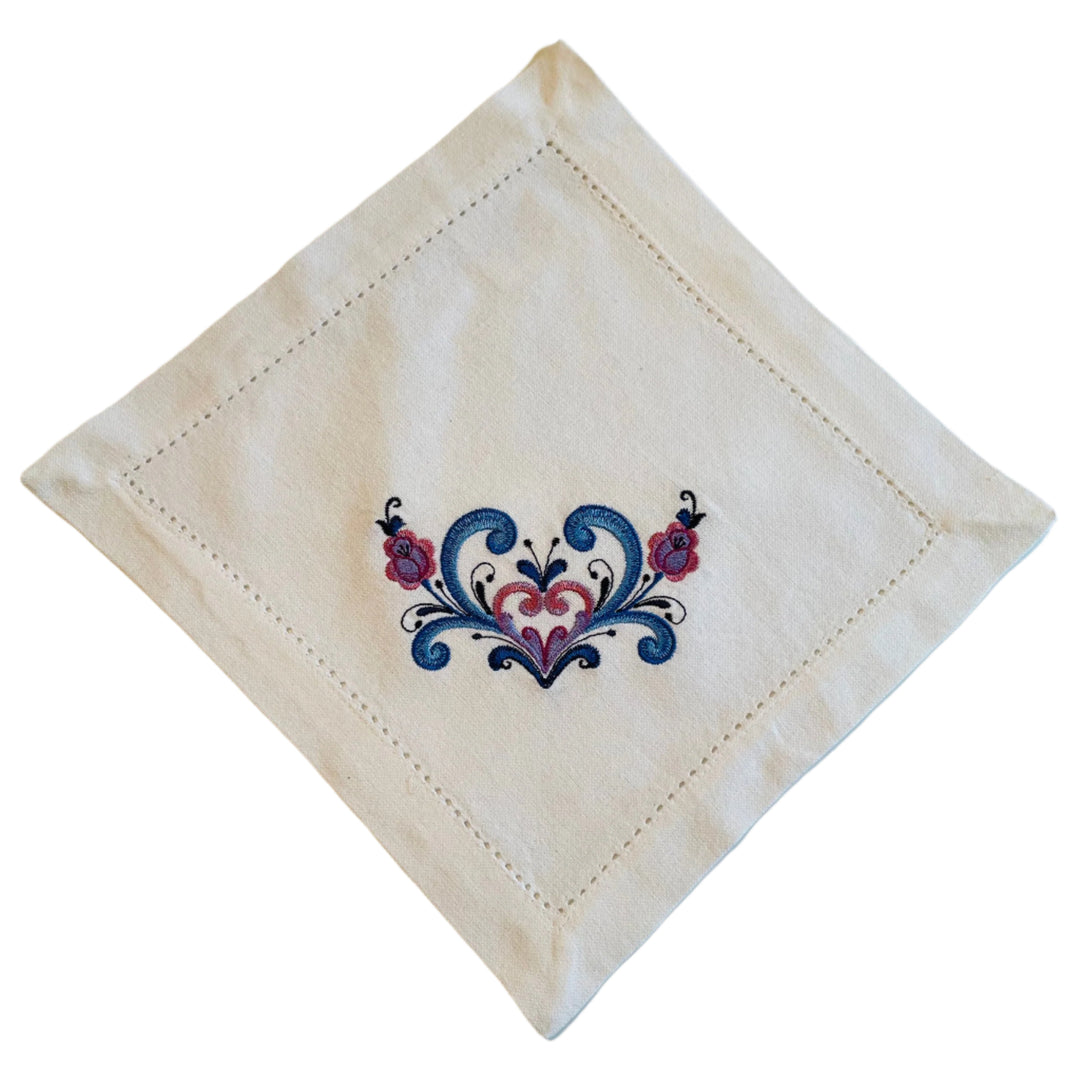 Small Square Doily Embroidered Rosemaling Heart on White