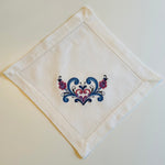 Small Square Doily Embroidered Rosemaling Heart on White
