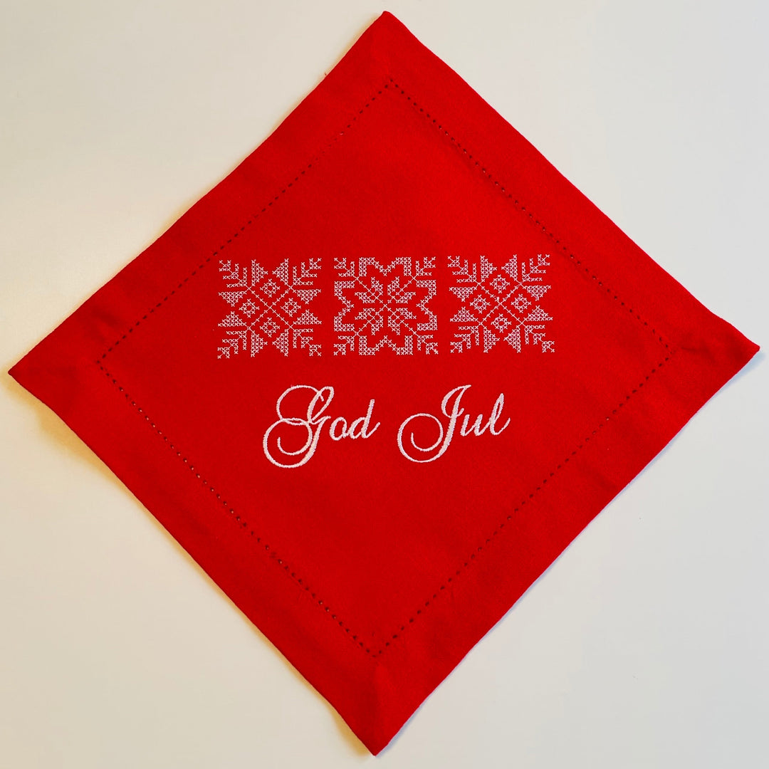 Small Square Doily Embroidered God Jul Snowflakes on Red