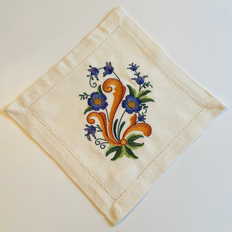 Small Square Doily Embroidered Rosemaling on Cream