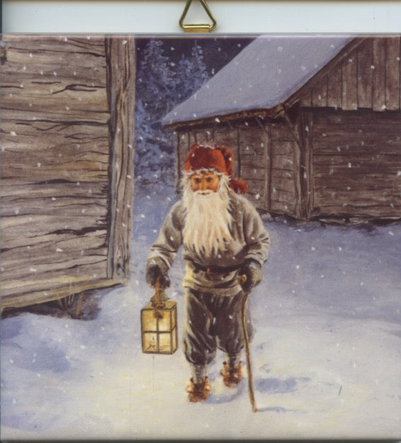 6" Ceramic Tile, Jan Bergerlind Tomte with lantern