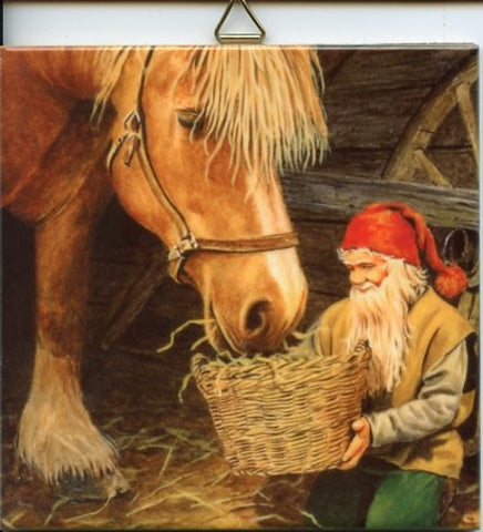 6" Ceramic Tile, Jan Bergerlind Tomte feeding horse