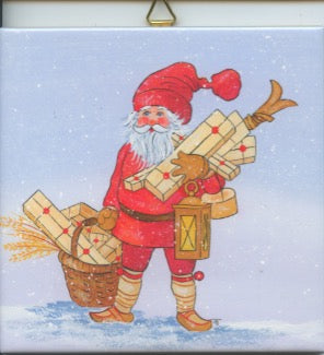 6" Ceramic Tile, Tomte with gifts & skiis