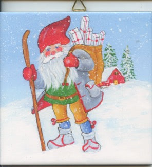 6" Ceramic Tile, Tomte with walking stick & gifts