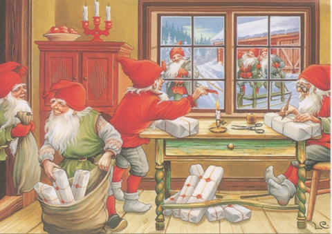 Post card, Lars Carlsson Tomtar wrapping gifts