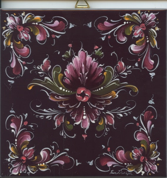 6" Ceramic Tile, Lise Lorentzen Black Rosemaling