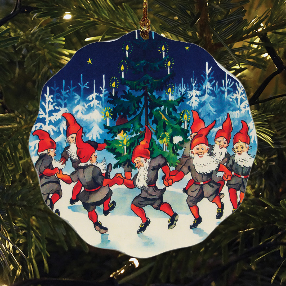 Ceramic Ornament, Gnomes Tomtar dancing around Christmas tree