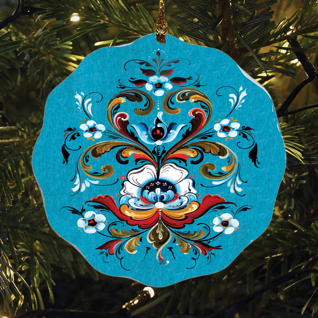 Ceramic ornament, Lise Lorentzen blue rosemaling