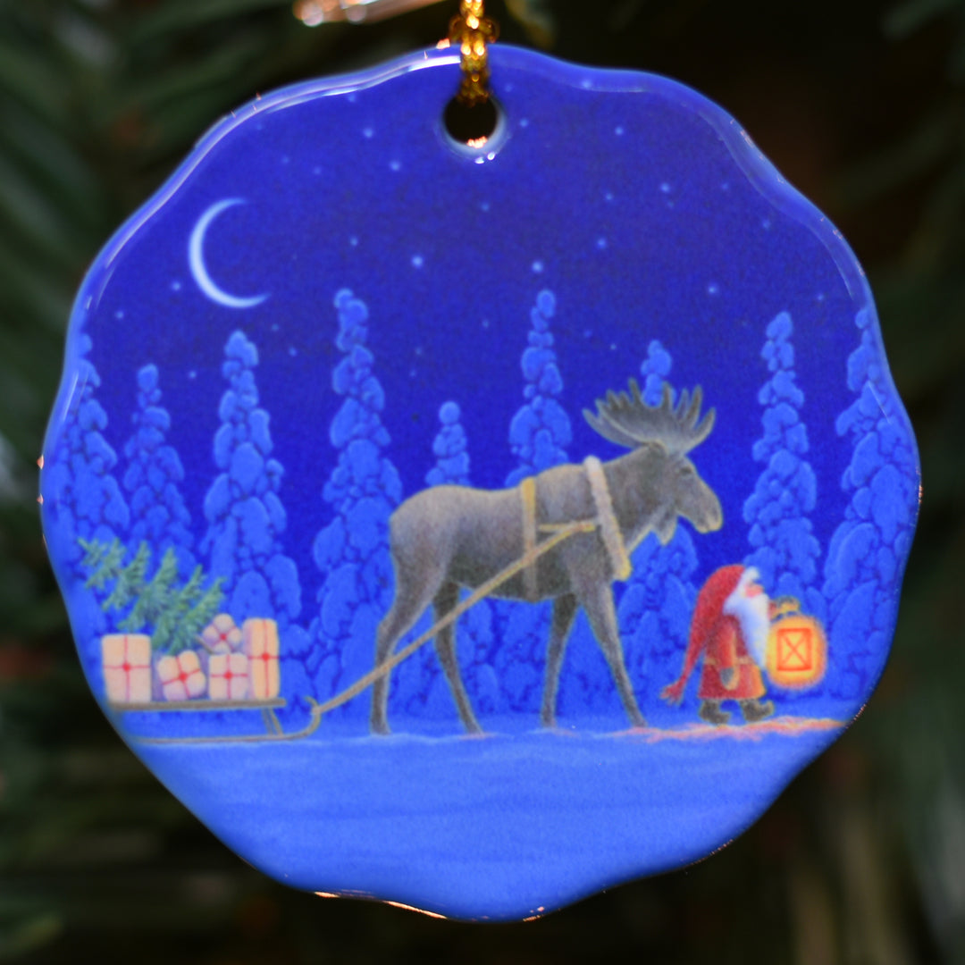 Ceramic Ornament, Eva Melhuish Moose pulling sled